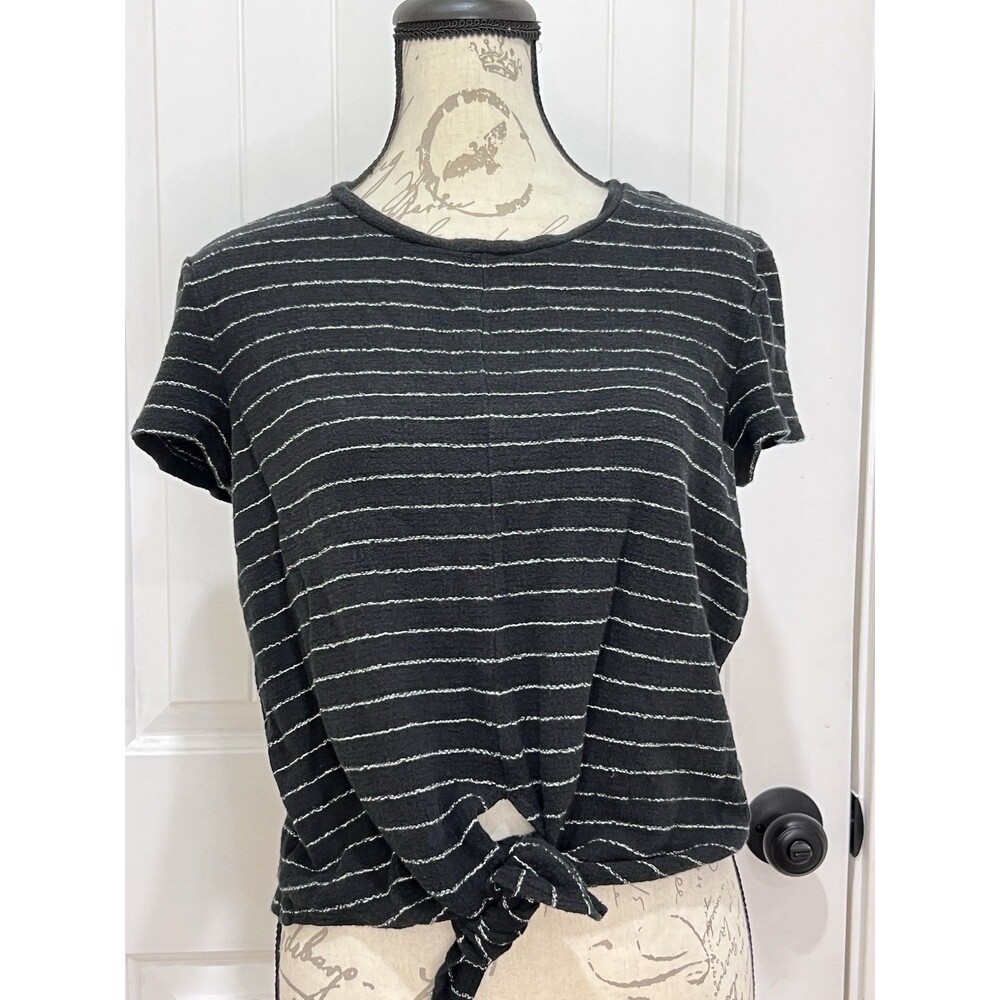 Madewell Black Striped Tie Bow Waist Short Sleeve Crop Top 100% Cotton sz MEDIUM